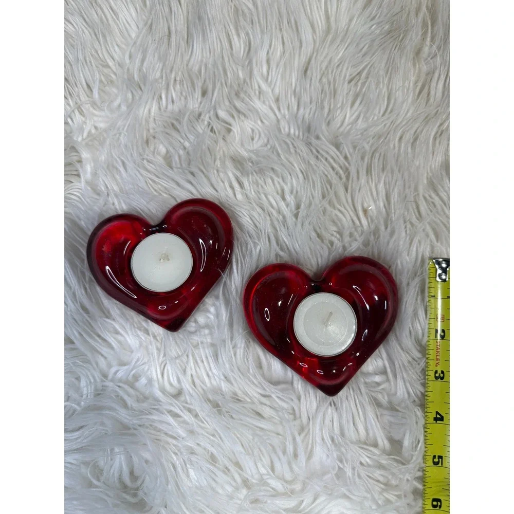 Red Glass Heart Tealight Candle Holders Set of 2 Valentines Day Decor 3 inch